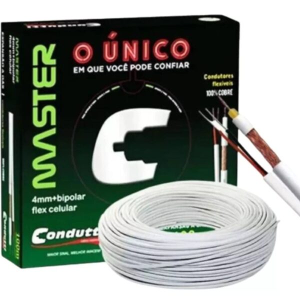 Cabo Coaxial 4mm Bipolar C/ Alimentação CFTV Branco 100m Condutti