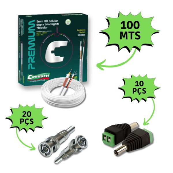 Kit Instalação 10 Câmeras de Segurança com Cabo CFTV e Conectores