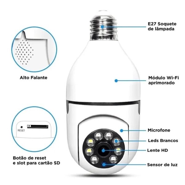Câmera de segurança wi-fi Mini Speed Bocal E27 Wi-Fi PTZ Infravermelho - Image 3