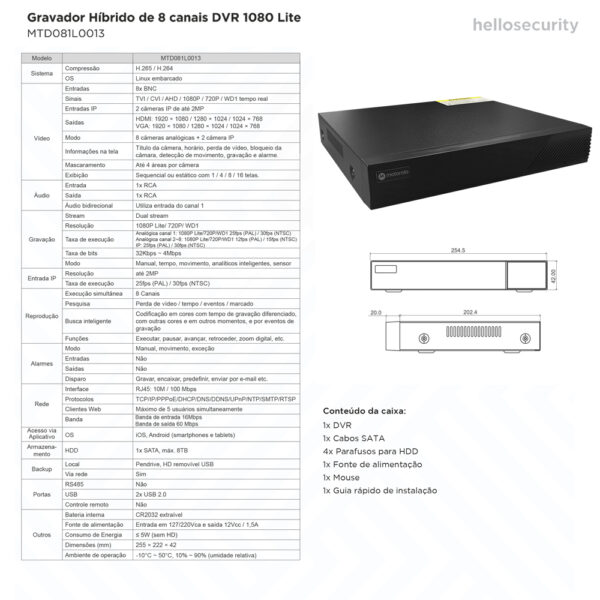 Dvr Stand Alone 16 canais 1080 Lite H265 5X1 Motorola Mtd161L0013 - Image 5