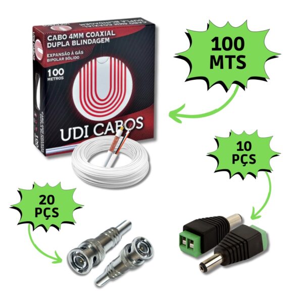 Kit Instalação 10 Câmeras de Segurança Cabo UDI CFTV e Conectores