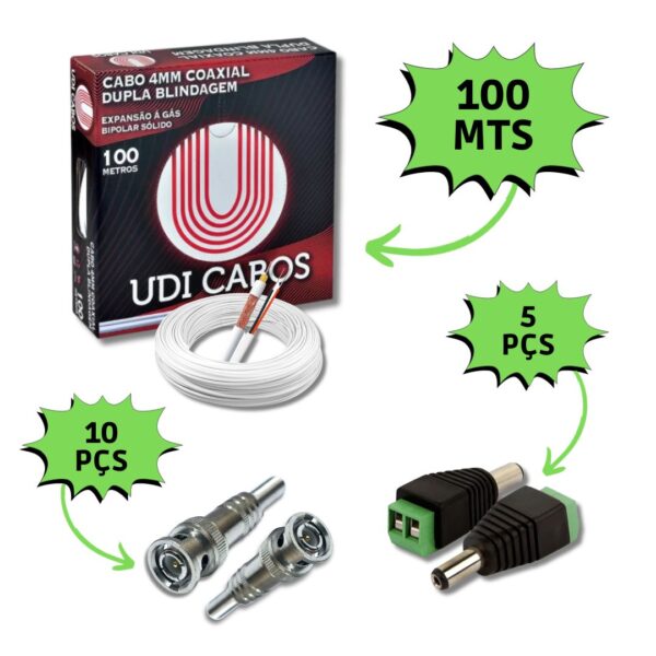 Kit Instalação 5 Câmeras de Segurança Cabo UDI CFTV e Conectores